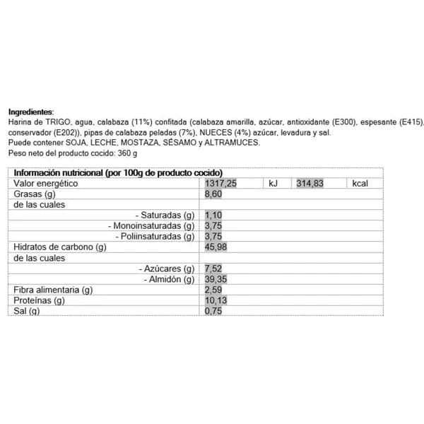 Hogaza Calabaza con Nueces 360 G - 0.36 kg - Imagen del producto en Findit