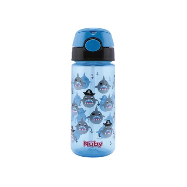 Taza con botón y pajita, estampado de tiburones, 540 ml de capacidad, NUBY. - 1 ud - Imagen del producto en Findit