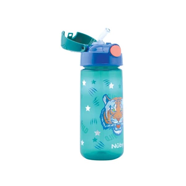 Taza con botón push y pajita para niños, estampado tigre, NUBY. - 1 ud - Imagen del producto en Findit