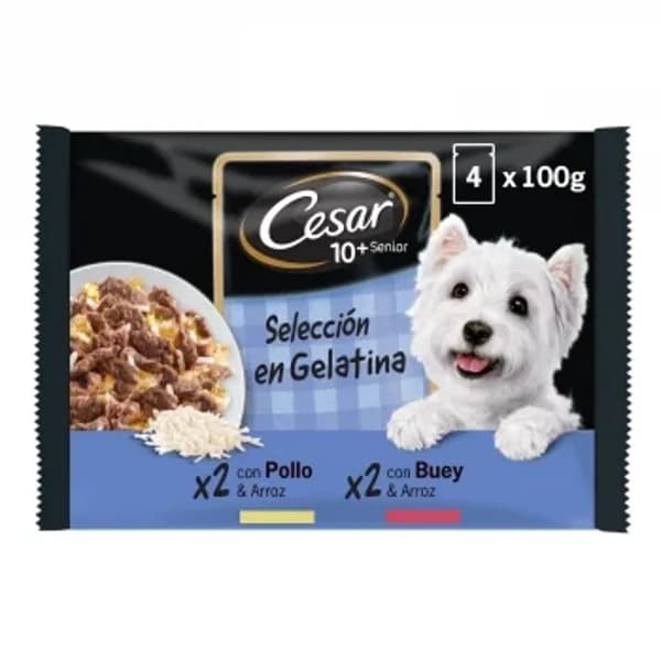 Comida húmeda selección carnes mixtas en gelatina para perro senior Cesar pack de 4 unidades de 100 g. - 0.4 kg - Imagen del producto en Findit