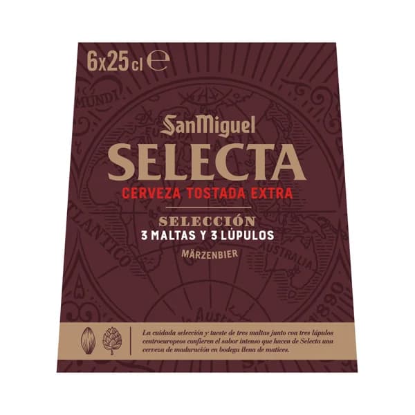 SAN MIGUEL Selecta Cerveza tostada extra elaborada con 3 maltas y 3 lúpulos seleccionados 6 x 25 cl. - 1.5 l - Imagen del producto en Findit