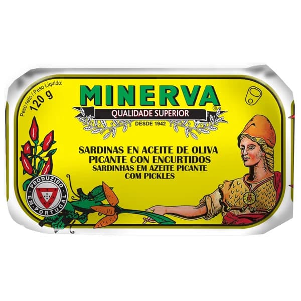 MINERVA Sardinas en aceite de oliva picante con encurtidos 120 g. - 0.09 kg - Imagen del producto en Findit
