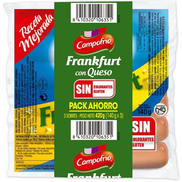 Salchichas Frankfurt de queso CAMPOFRÍO, sobre 420 g - 1 ud - Imagen del producto en Findit