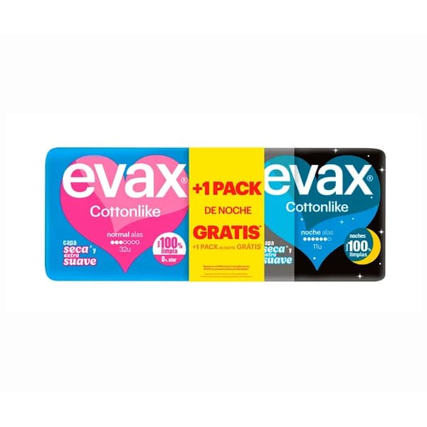 EVAX Cottonlike Compresas normal con alas 32 uds + compresas noche con alas 11 uds. - 1 ud - Imagen del producto en Findit