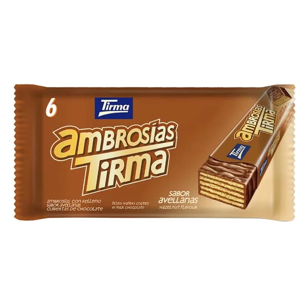 TIRMA Ambrosías con relleno sabor avellana cubiertas de chocolate 6 uds. 129 g. - 0.13 kg - Imagen del producto en Findit