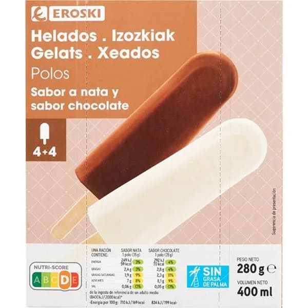 Polos de nata y chocolate EROSKI, pack 8x35 g - 0.28 kg - Imagen del producto en Findit