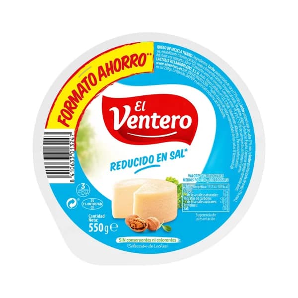 EL VENTERO Queso mezcla tierno bajo contenido en sal EL VENTERO 550 g. - 0.55 kg - Imagen del producto en Findit