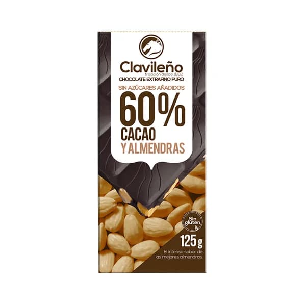 CLAVILEÑO Chocolate extrafino puro, 60 % cacao y almendras, sin azúcares añadidos 125 g. - 0.1 kg - Imagen del producto en Findit
