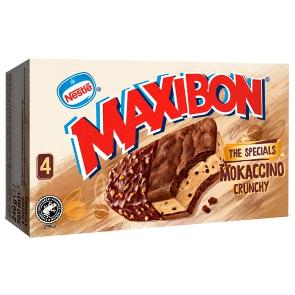 MAXIBON Sándwich de helado de café con leche, con trozos de chocolate y galleta caramelizada 4 x 90 ml. - 0.36 l - Imagen del producto en Findit