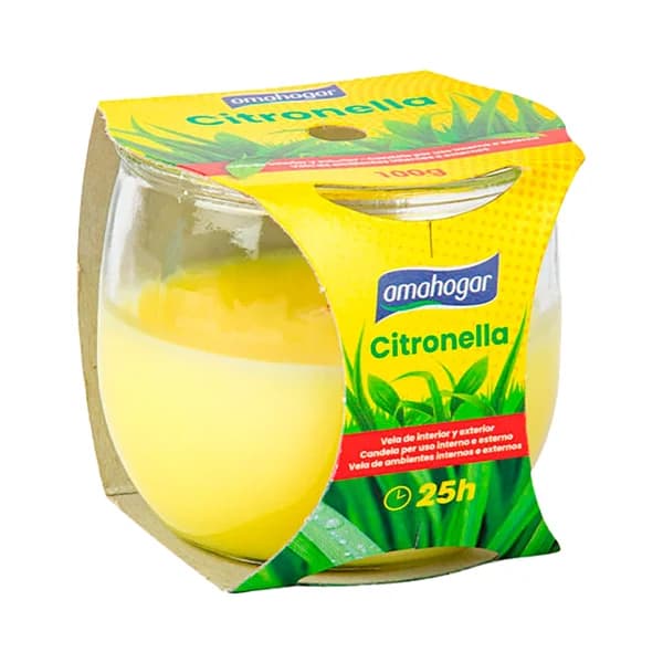 Vela antimosquitos con citronela en vaso de vidrio, 140gr., 10x4,5cm.,  AMAHOGAR. - 0.14 kg - Imagen del producto en Findit