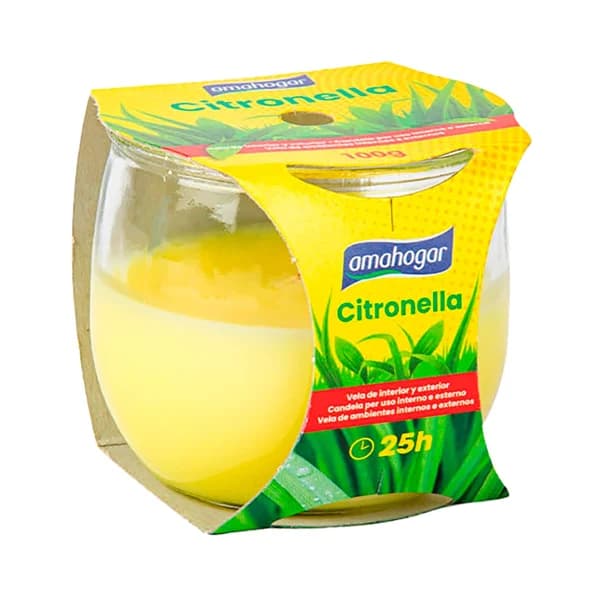 Vela antimosquitos con citronela en vaso de vidrio, 100gr., 8x7cm.,  AMAHOGAR. - 0.1 kg - Imagen del producto en Findit