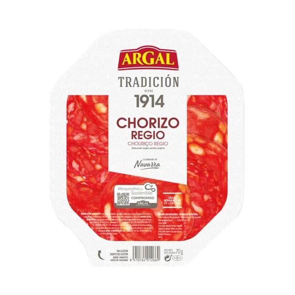 ARGAL Chorizo regio de origen navarro, sin gluten y cortado en finas lonchas ARGAL Tradición 70 g. - 0.07 kg - Imagen del producto en Findit