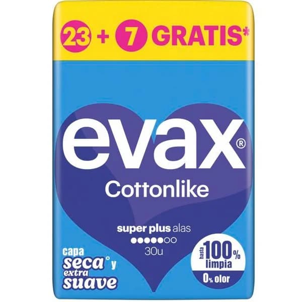 Compresas super plus con ala EVAX, paquete 23+7 uds - 7 ud - Imagen del producto en Findit