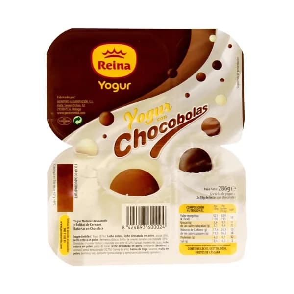 REINA Yogur natural azucarado, con bolitas de creales bañadas en chocolate Chocobolas 2 x 143 gr. - 0.29 kg - Imagen del producto en Findit