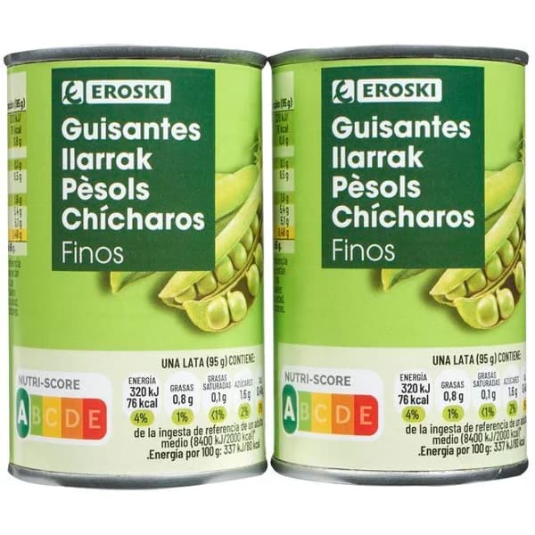 Guisantes finos EROSKI, pack 2x95 g - 0.19 kg - Imagen del producto en Findit