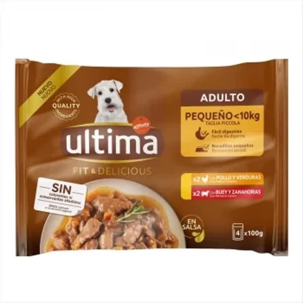 Comida húmeda de pollo y buey para perro mini Ultima 4x100 g. - 0.4 kg - Imagen del producto en Findit