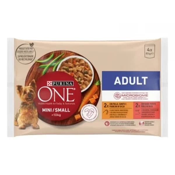 Comida húmeda de pollo y buey en salsa para perro mini adulto Purina One 4x85 g. - 0.34 kg - Imagen del producto en Findit