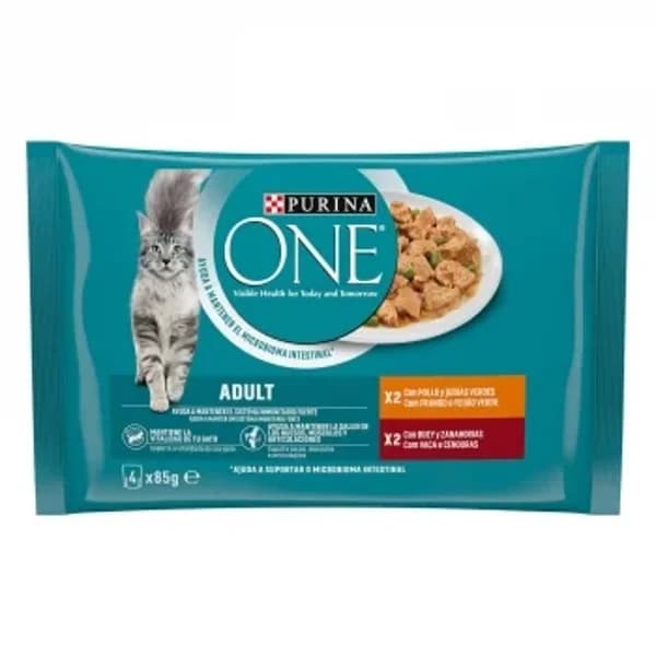 Comida húmeda de pollo y buey para gato adulto Purina One 4x85 g - 0.34 kg - Imagen del producto en Findit