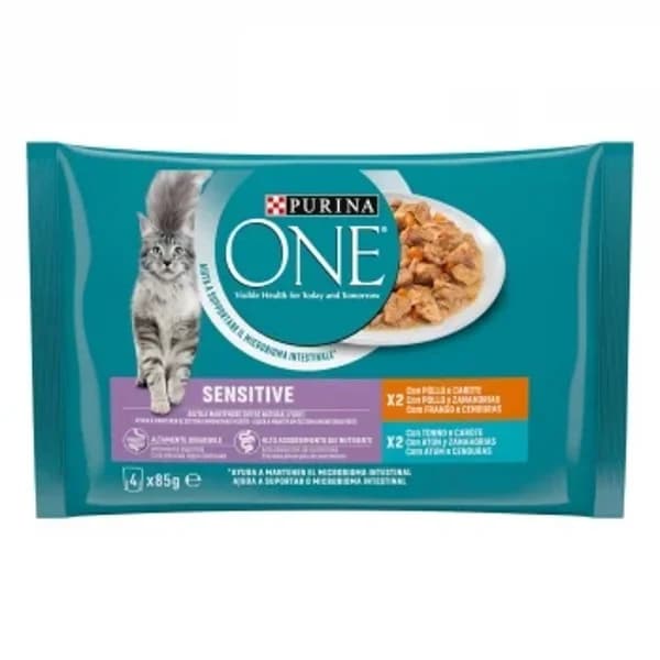 Comida húmeda de pollo y atún para gato Purina One Sensitive 4x85 g - 0.34 kg - Imagen del producto en Findit