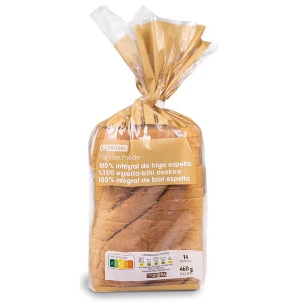 Pan de espelta 100% integral EROSKI, paquete 460 g - 0.46 kg - Imagen del producto en Findit