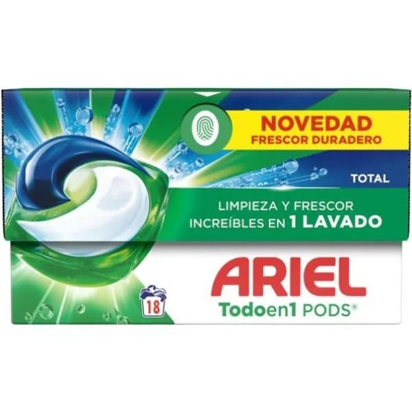 Detergente en cápsulas ARIEL TOTAL, caja 18 dosis - 18 ud - Imagen del producto en Findit