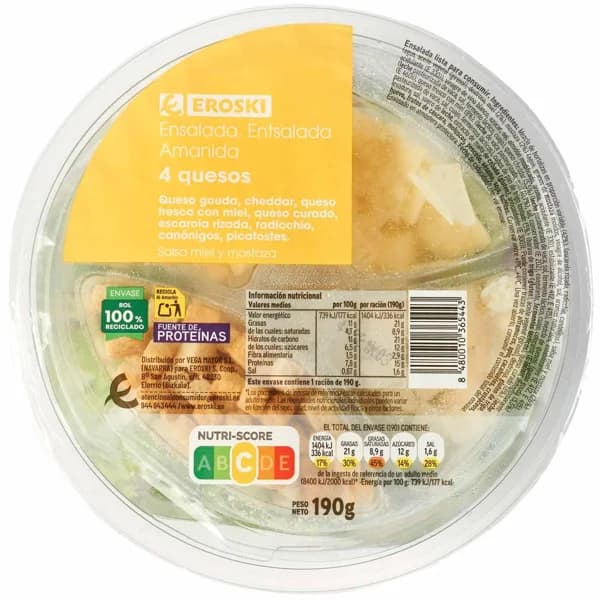Ensalada completa queso EROSKI, bowl 190 g - 0.19 kg - Imagen del producto en Findit