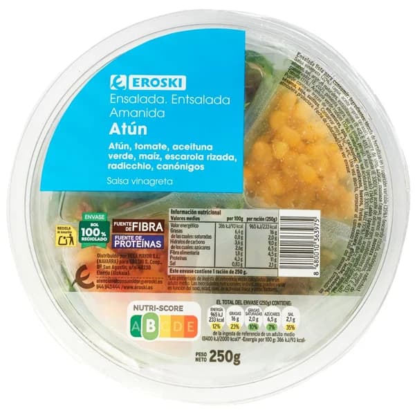 Ensalada completa de atún EROSKI, bolw 250 g - 0.25 kg - Imagen del producto en Findit