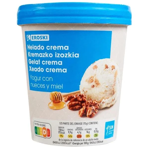 Helado yogur c/nueces y miel EROSKI, tarrina 500 ml - 0.5 l - Imagen del producto en Findit