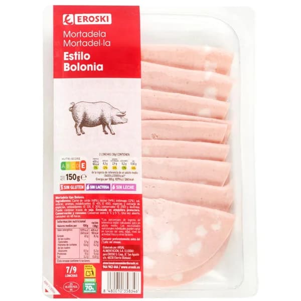 Mortadela estilo Bolonia EROSKI, bandeja 150 g - 0.15 kg - Imagen del producto en Findit