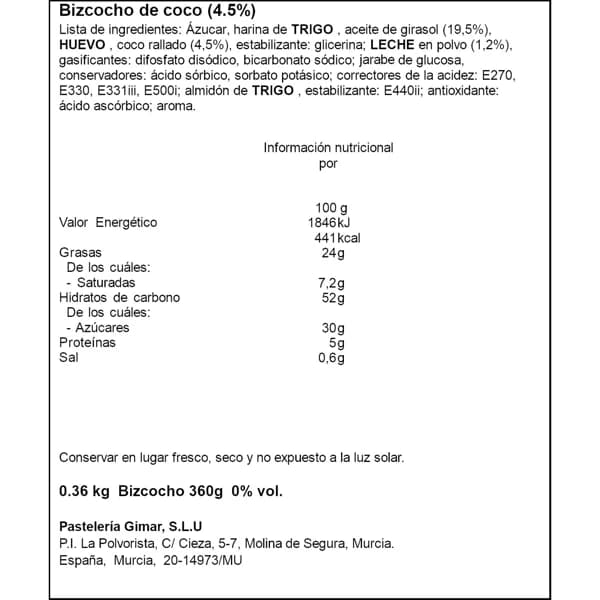 Bizcocho de Coco 360G - 0.36 kg - Imagen del producto en Findit