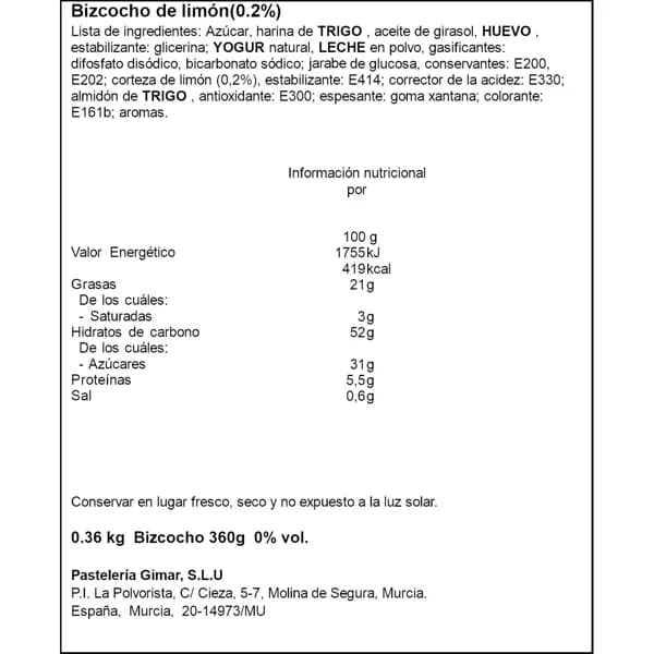 Bizcocho de Limón 360G - 0.36 kg - Imagen del producto en Findit
