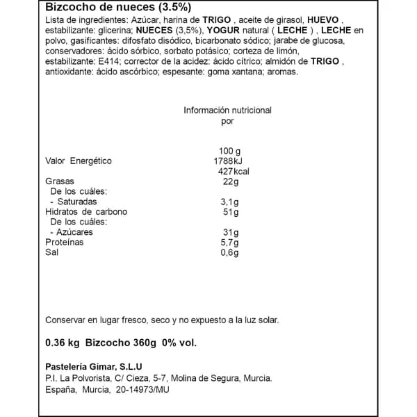 Bizcocho de Nueces 360G - 0.36 kg - Imagen del producto en Findit