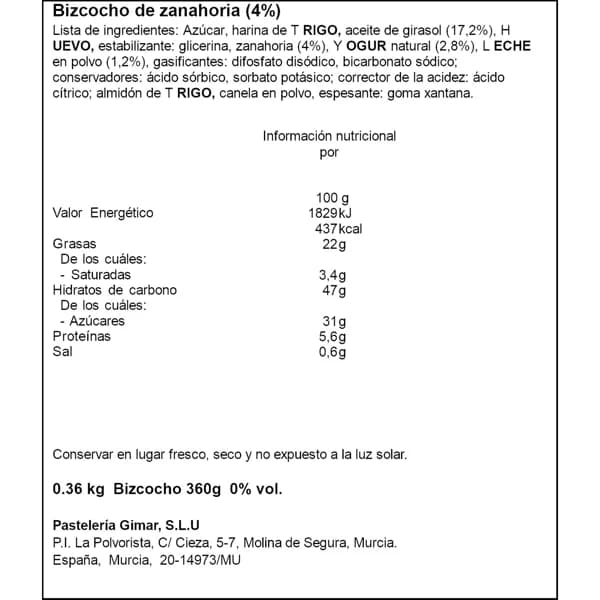Bizcocho de Zanahoria 360G - 0.36 kg - Imagen del producto en Findit