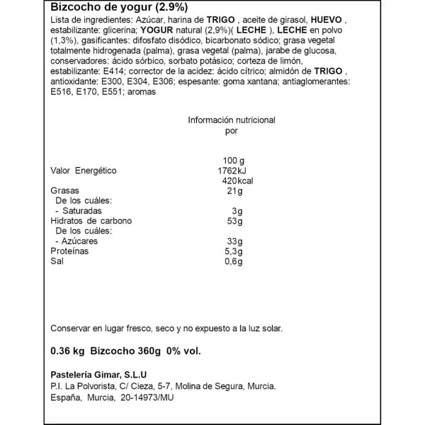 Bizcocho de Yogur 360G - 0.36 kg - Imagen del producto en Findit