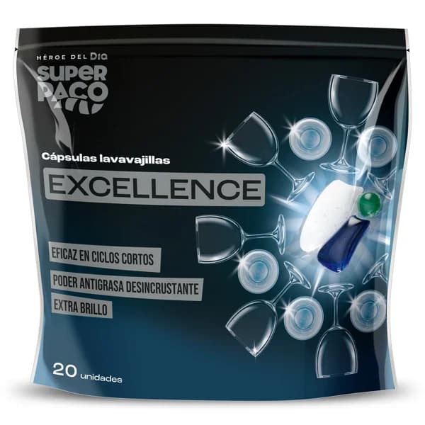 Lavavajillas máquina excellence Super Paco de Dia bolsa 20 unidades - 19.95 ud - Imagen del producto en Findit