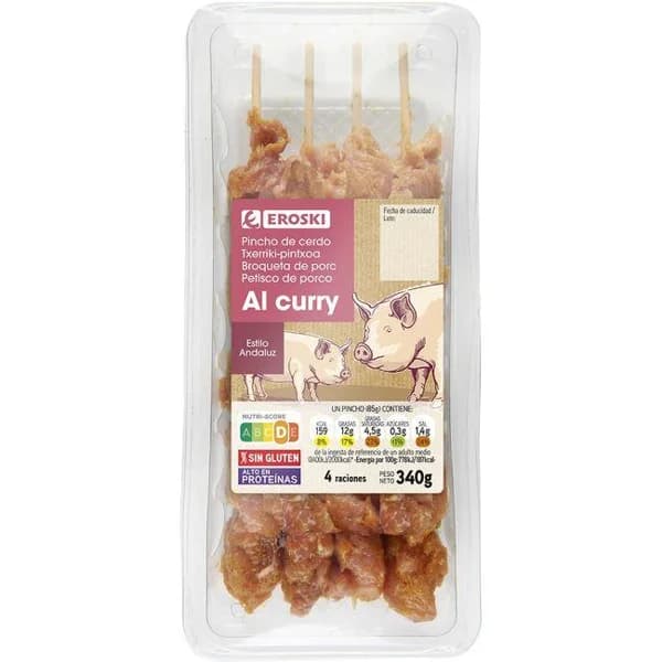 Pincho de cerdo al curry EROSKI, 4 uds., bandeja 340 g - 1 ud - Imagen del producto en Findit