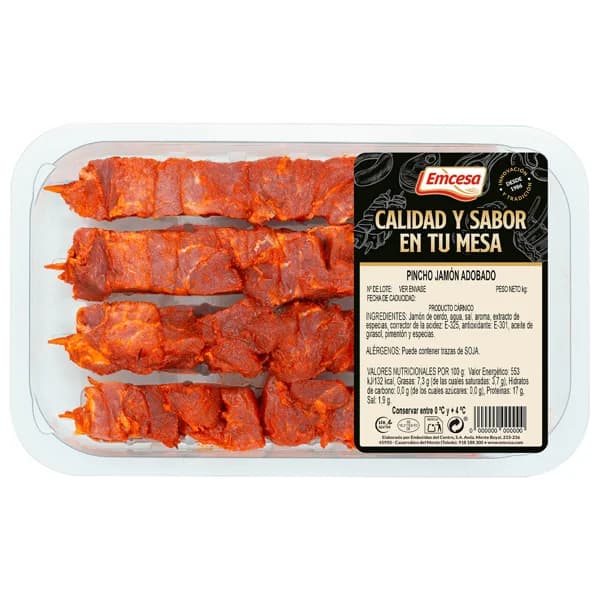 EMCESA Bandeja de pinchos de jamón de cerdo adobado (pinchos morunos) 4 x 80 g. - 0.32 kg - Imagen del producto en Findit
