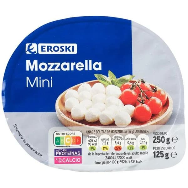 Minis mozarellas EROSKI, tarrina 125 g - 0.13 kg - Imagen del producto en Findit