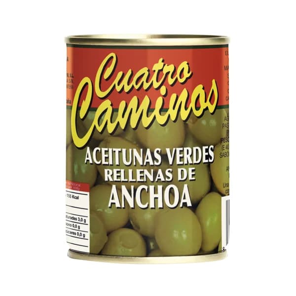 CUATRO CAMINOS Aceitunas verdes varidad Manzanilla finas, rellenas de anchoa CUATRO CAMINOS 120 g. - 0.12 kg - Imagen del producto en Findit