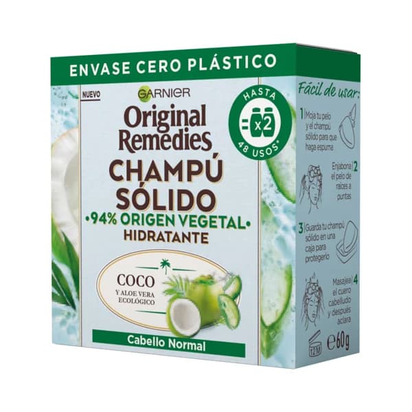 ORIGINAL REMEDIES Champú sólido hidratante de origen vegetal, para cabellos normales, raíces grasas ORIGINAL REMEDIES de Garnier 60 g. - 0.6 l - Imagen del producto en Findit
