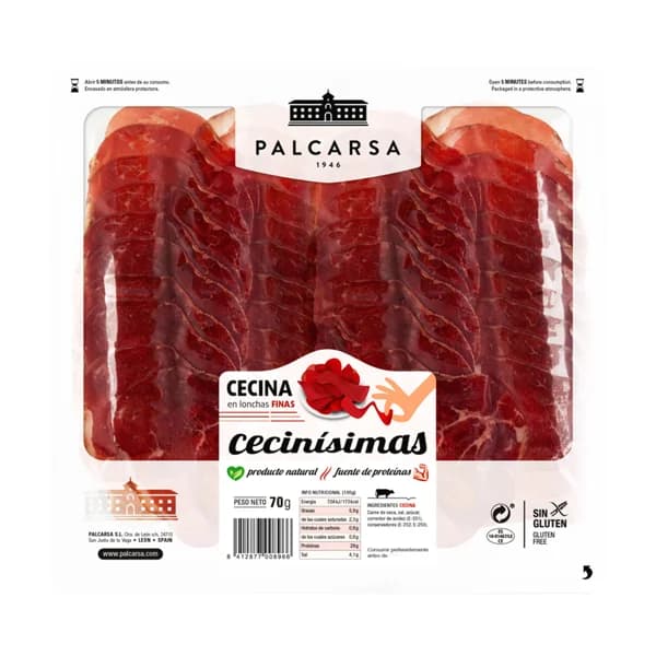 PALCARSA Cecinísimas Cecina de vacuno Angus sin gluten, cortada en finas lonchas 70 g. - 0.07 kg - Imagen del producto en Findit