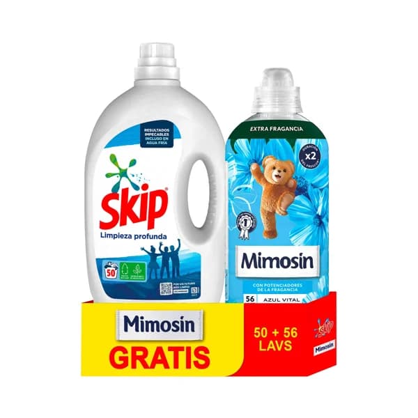SKIP Detergente líquido lavadoras 50 lavados + suavizante Mimosin azul vital 56 lavados. - 1 ud - Imagen del producto en Findit
