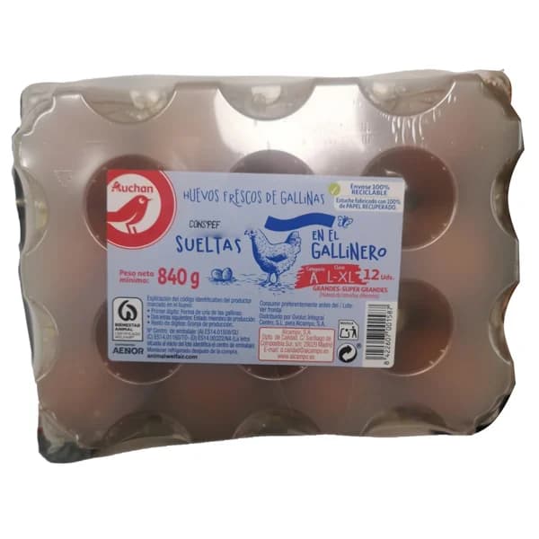 AUCHAN Huevos de gallinas sueltas en el gallinero clase L-XL categoría A12 uds Producto Alcampo. - 1 ud - Imagen del producto en Findit
