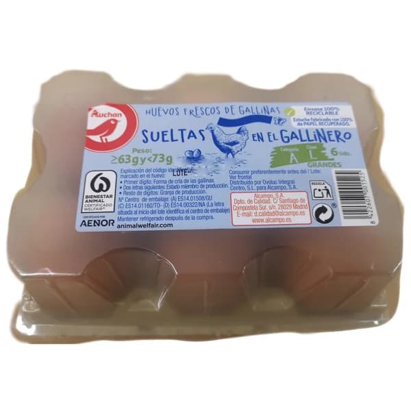 AUCHAN Huevos de gallinas sueltas en el gallinero categoría A y clase L 6 uds Producto Alcampo. - 1 ud - Imagen del producto en Findit