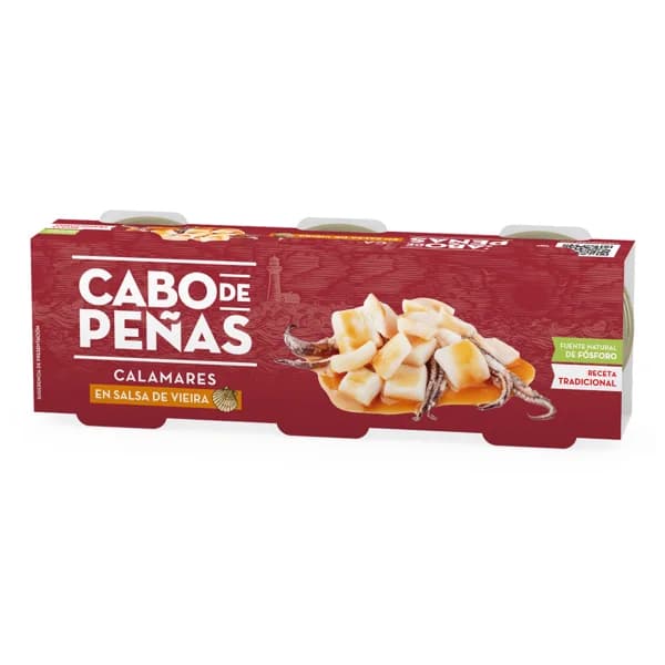 CABO DE PEÑAS Calamares en salsa de vieira en trozos lata de 45 g. pack de 3 uds. - 0.14 kg - Imagen del producto en Findit