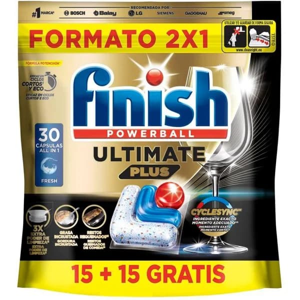 Lavavajillas máquina FINISH ULTIMATE PLUES, bolsa 15+18 dosis - 15 ud - Imagen del producto en Findit