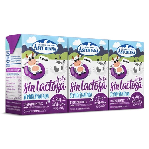 Leche semidesnatada sin lactosa Central Lechera Asturiana brik 3 x 200 ml - 0.6 l - Imagen del producto en Findit
