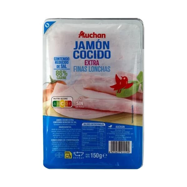 AUCHAN Jamón cocido extra, con contenido reducido en sal,  cortado en finas lonchas 150 g. Producto Alcampo. - 0.15 kg - Imagen del producto en Findit