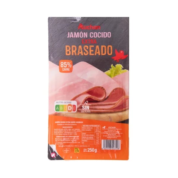 AUCHAN Jamón cocido braseado extra, sin lactosa, cortado en lonchas 250 g. Producto Alcampo - 0.25 kg - Imagen del producto en Findit