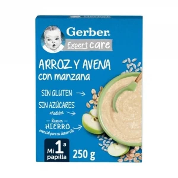 Papilla infantil 1ª mes Gerber arroz avena y manzana sin gluten y sin azúcar añadido 250 g. - 0.25 kg - Imagen del producto en Findit